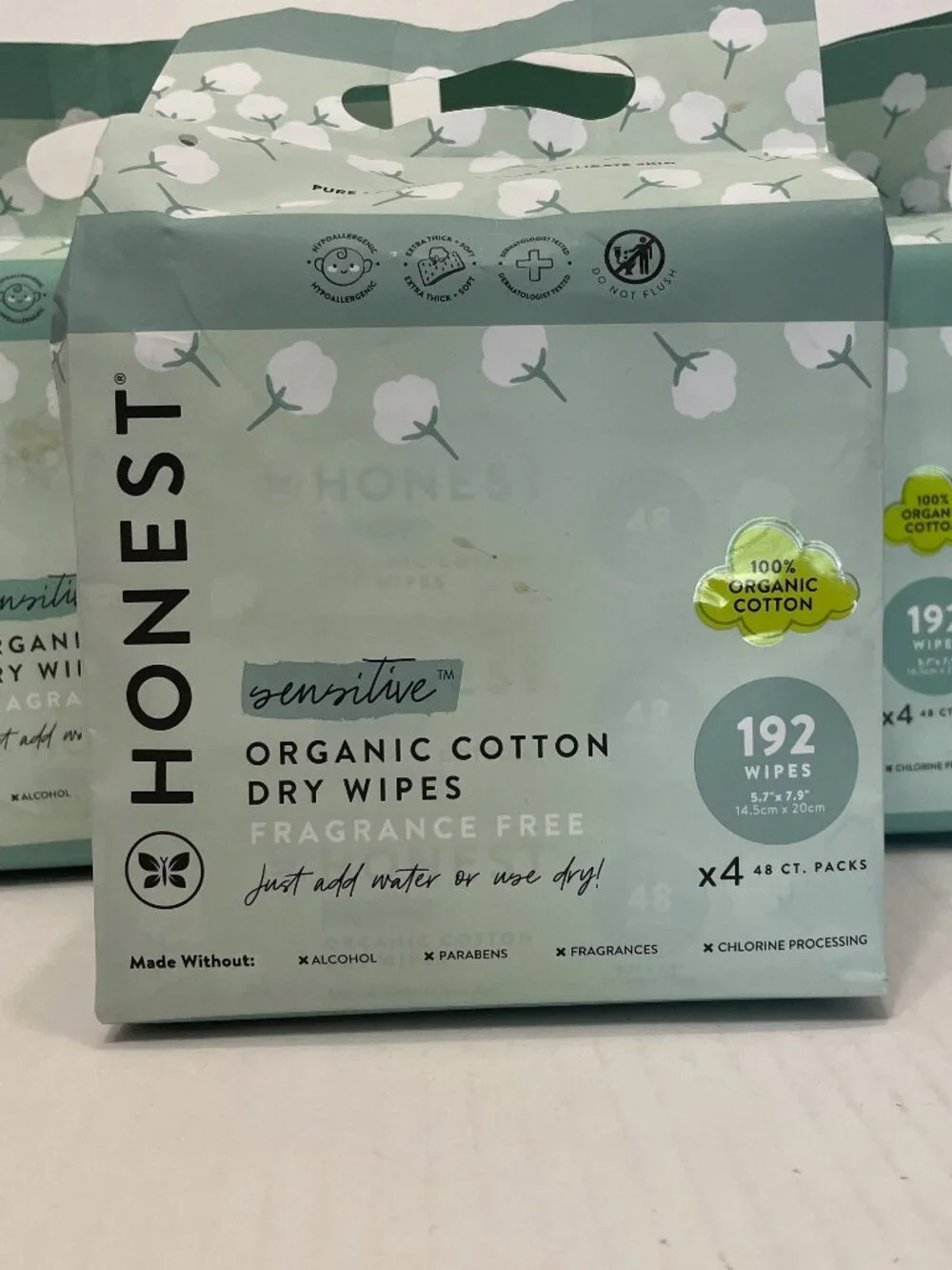 Honest Company 100% Organic Cotton DRY Wipes Multi-Use 192 ct x3 = 576 wipes